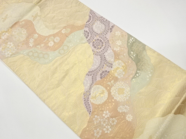 Woven pouch obi with floral abstract and wave patterns